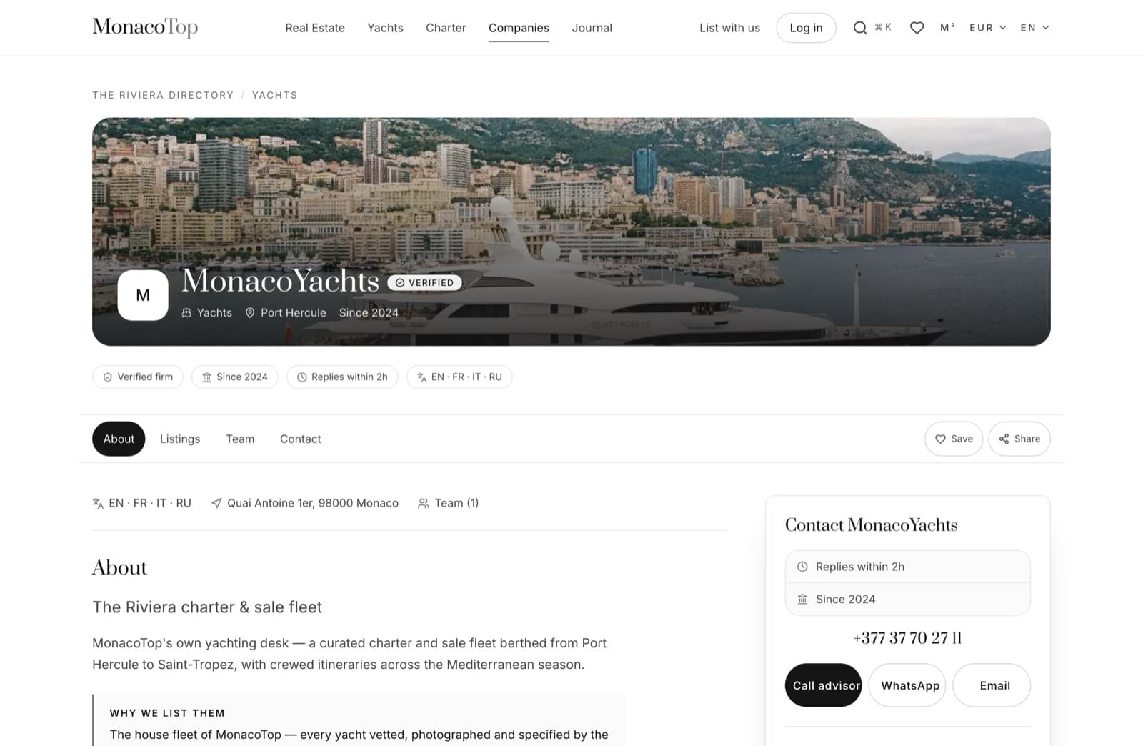 La vitrine de MonacoYachts sur MonacoTop, telle que la voient les acheteurs